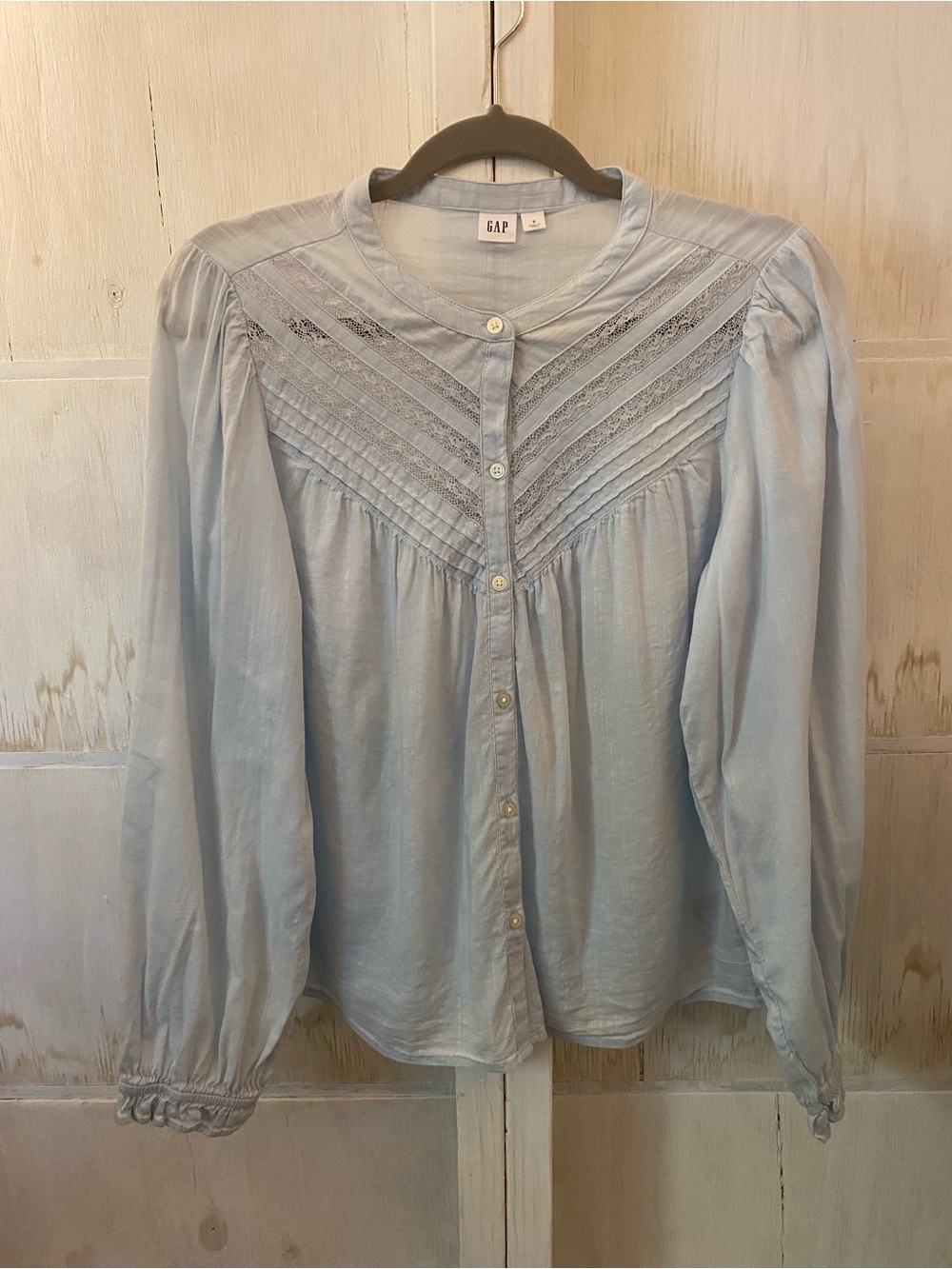 GAP Pale Blue Lace & Pintuck Button-Front Blouse
